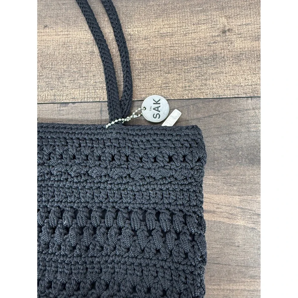 The Sak Black Crochet Shoulder Bag Small Boho Woven Zip Top Purse Silver Charm